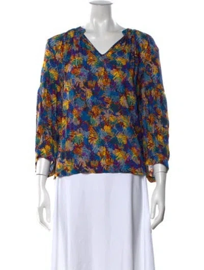 Pre-owned Brora Printed V-neck Blouse W/ Tags In Blue