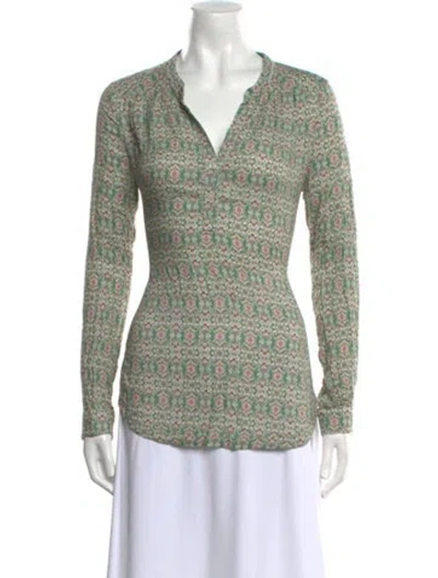 Pre-owned Brora Printed V-neck Top In Green