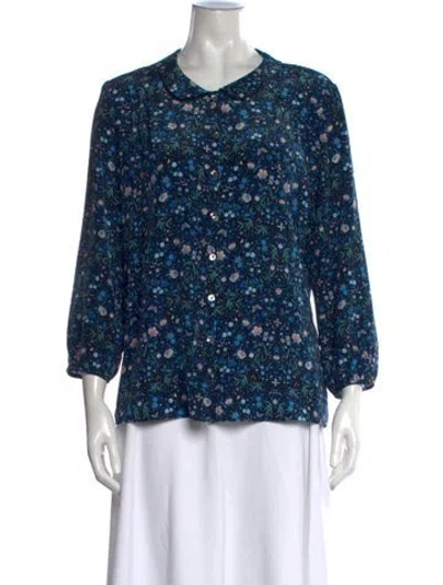 Pre-owned Brora Silk Floral Print Blouse In Blue