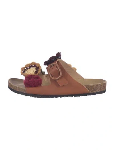 Pre-owned Brother Vellies Leather Crochet Trim Slides In Brown