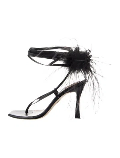 Pre-owned Brother Vellies Leather Feather Trim Sandals In Black