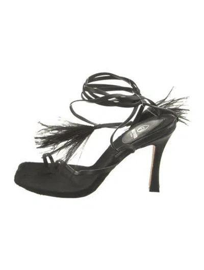 Pre-owned Brother Vellies Leather Feather Trim Sandals In Black/green
