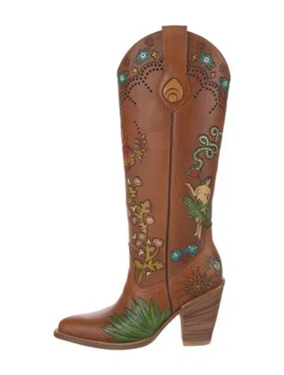 Pre-owned Brother Vellies Leather Floral Print Western Boots In Brown
