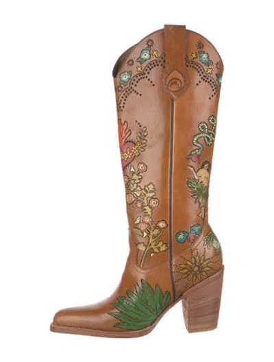 Pre-owned Brother Vellies Leather Graphic Print Western Boots In Brown