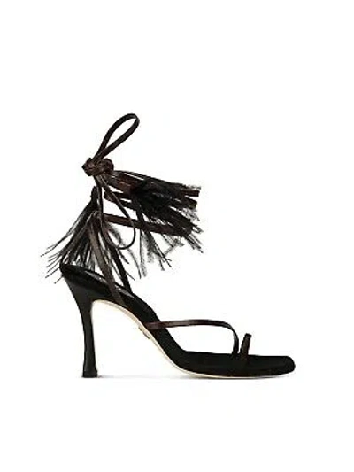 Pre-owned Brother Vellies Womens Black Bike Square Toe Stiletto Leather Heeled Sandal 7