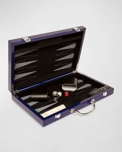 Brouk & Co High-gloss Wood With Velvet Backgammon Game Set In Blue Lacquer