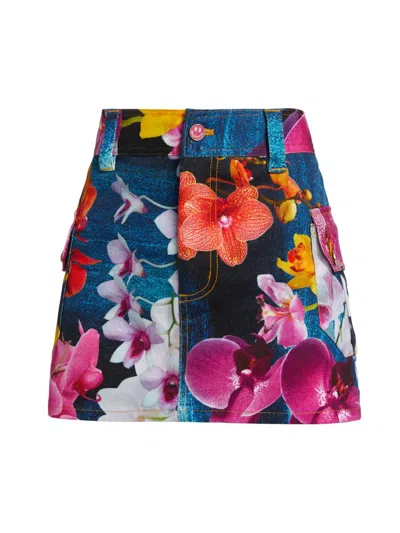 Bruceglen Women's Orchid Floral Denim Cargo Miniskirt In Blue