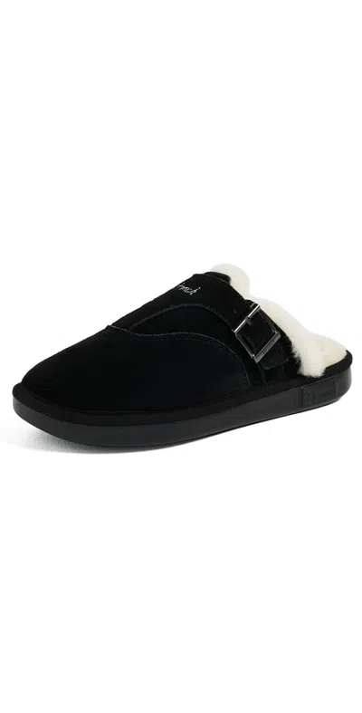 Brunch Amour Suede Shearling Slippers Black
