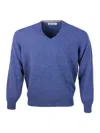 Brunello Cucinelli 100% Cashmere V-neck Sweater With Contrasting Profile In Blue