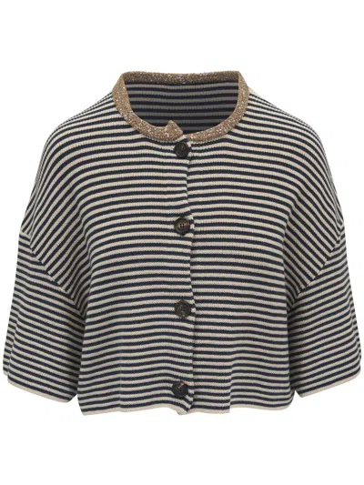 Brunello Cucinelli Dazzling Striped Short Sleeve Cropped Cardigan In Multi