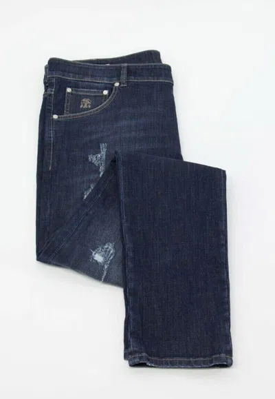 Pre-owned Brunello Cucinelli $1145  Men Skinny Fit Distressed Jeans W/logo Accents A242 In Blue