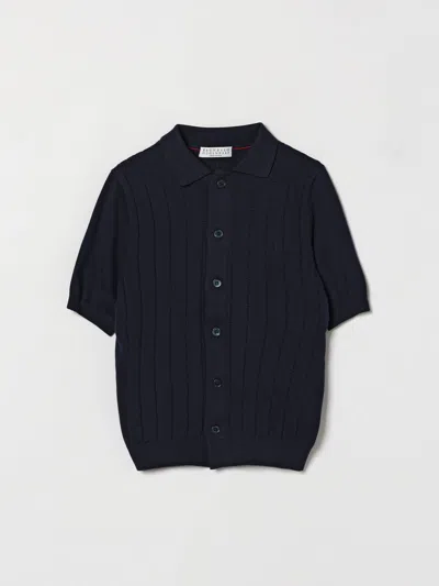 Brunello Cucinelli Kids'  Boy's Short-sleeved Ribbed Cotton Knit Polo Shirt In Black