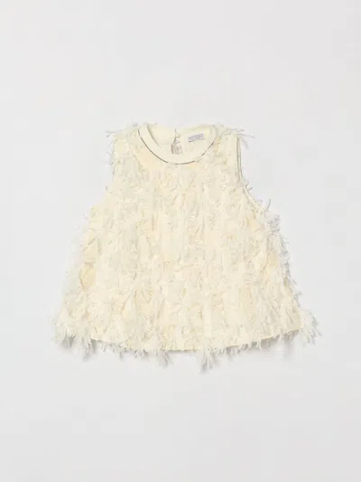 Brunello Cucinelli Kids'  Girl's Sleeveless Cotton Top With Fringes And Monili In Neutral