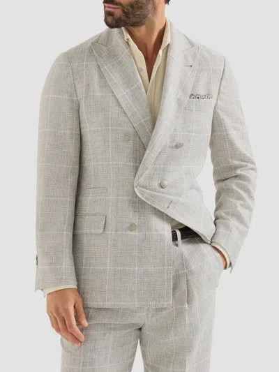 Brunello Cucinelli Linen Prince Of Wales One-and-a-half Breasted Deconstructed Blazer With Metal But In Neutral