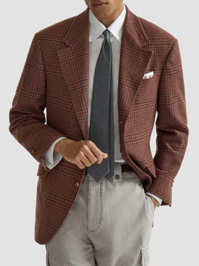 Brunello Cucinelli Cashmere Prince Of Wales Cavallo Tailor Blazer In Brown