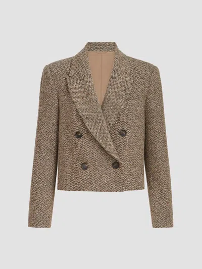 Brunello Cucinelli Sparkling Virgin Wool Chevron Cropped Blazer In Gold