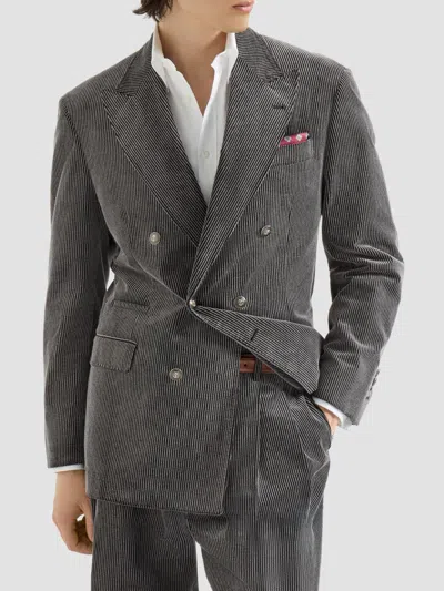 Brunello Cucinelli Frosted Cotton Corduroy One-and-a-half Breasted Tailor Blazer With Metal Buttons In Gray