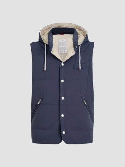 Brunello Cucinelli Bonded Nylon Down Vest With Detachable Hood In Blue