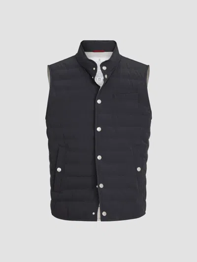 Brunello Cucinelli Bonded Taffeta Lightweight Down Vest In Black