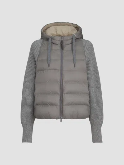 Brunello Cucinelli Water-resistant Matte Nylon Hooded Down Jacket With Monili And Sleeves In Gray