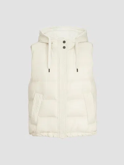Brunello Cucinelli Lightweight Matte Nylon Down Vest With Hood And Shiny Trim In Neutral