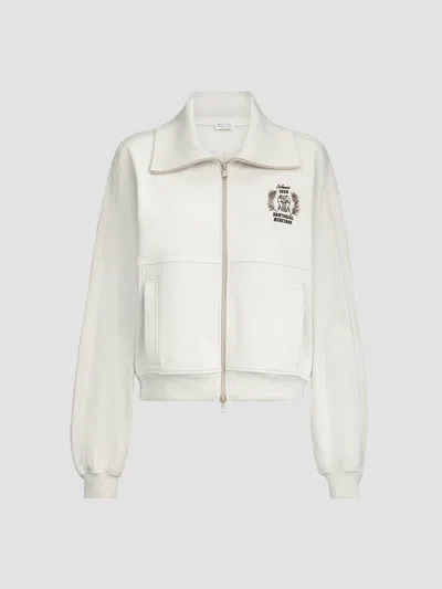 Brunello Cucinelli Cotton Smooth French Terry Sweatshirt With Zip And Embroidered Logo In White