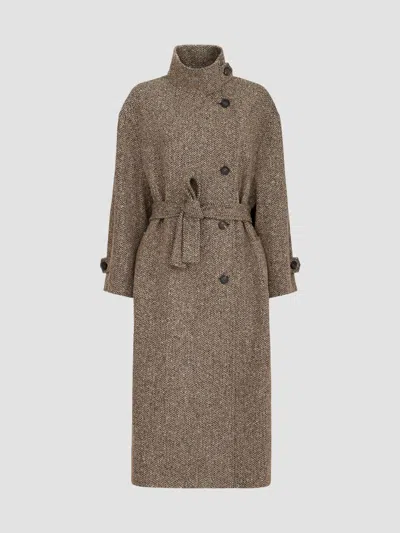 Brunello Cucinelli Sparkling Virgin Wool Chevron Belted Coat With Monili In Brown