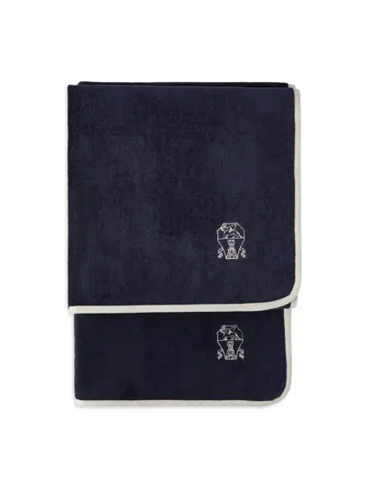 Brunello Cucinelli 2 Piece Cotton Terrycloth Bath Towel Set With Embroidery In Blue