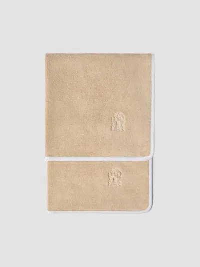 Brunello Cucinelli 2 Piece Cotton Terrycloth Bath Towel Set With Embroidery In Neutral