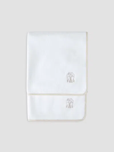Brunello Cucinelli 2 Piece Cotton Terrycloth Bath Towel Set With Embroidery In White