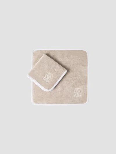 Brunello Cucinelli 2 Piece Cotton Terrycloth Hand Towel Set With Embroidery In Neutral