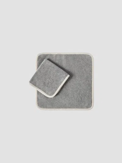 Brunello Cucinelli 2 Piece Cotton Terrycloth Hand Towel Set With Embroidery In Gray