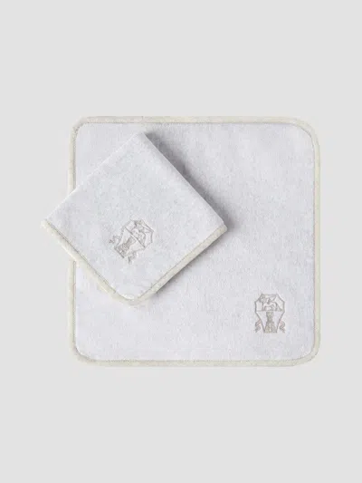 Brunello Cucinelli 2 Piece Cotton Terrycloth Hand Towel Set With Embroidery In White