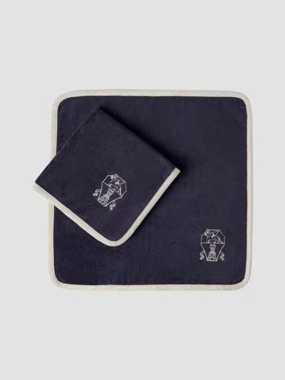 Brunello Cucinelli 2 Piece Cotton Terrycloth Hand Towel Set With Embroidery In Blue