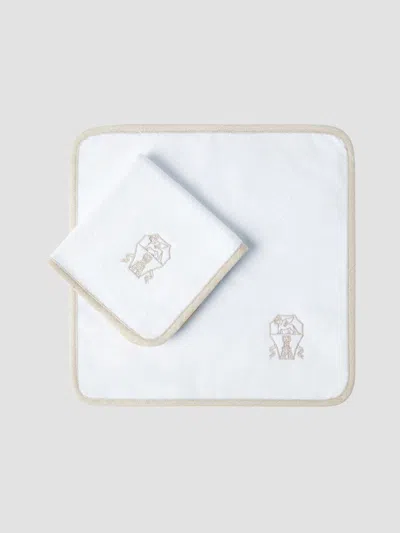 Brunello Cucinelli 2 Piece Cotton Terrycloth Hand Towel Set With Embroidery In White