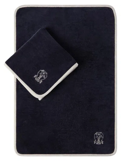 Brunello Cucinelli 2 Piece Cotton Terrycloth Towel Set With Embroidery In Blue