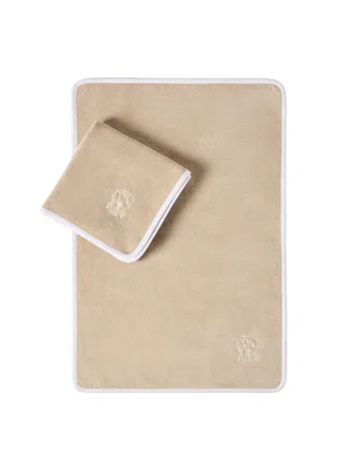 Brunello Cucinelli 2 Piece Cotton Terrycloth Towel Set With Embroidery In Sand