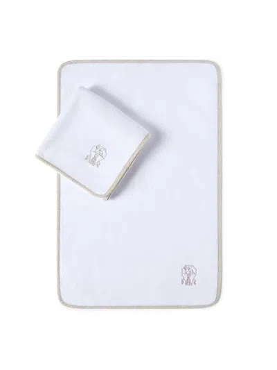 Brunello Cucinelli 2 Piece Cotton Terrycloth Towel Set With Embroidery In White