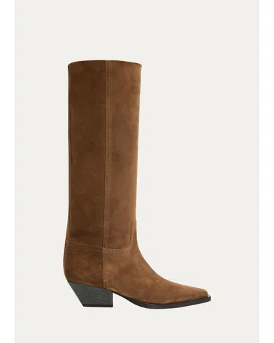 Brunello Cucinelli 25mm Monili-heel Suede Knee-high Boots In Brown