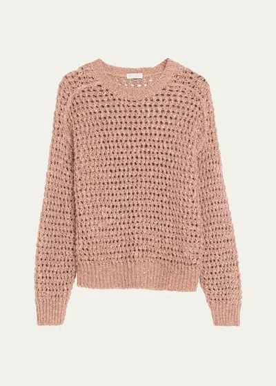 Brunello Cucinelli 3-d Diamond Net Silk Linen Sweater In Pink