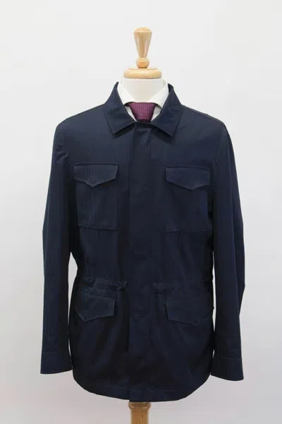 Pre-owned Brunello Cucinelli $3495  Men Herringbone Safari Jacket W/ Logo Hardware A238 In Blue