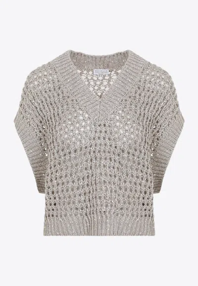 Brunello Cucinelli 3d Diamond Net Knit Top In Gray