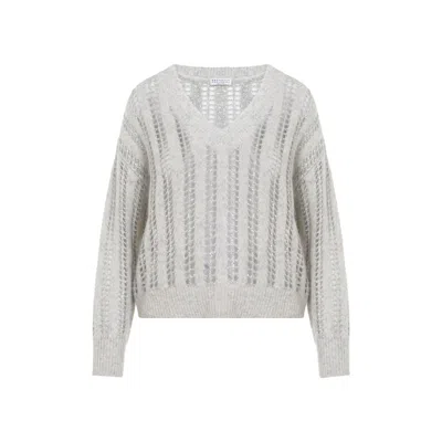 Brunello Cucinelli 3d Ribbed And Shiny Net Sweater In Gray