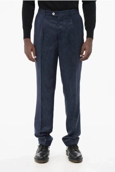 Brunello Cucinelli 4-pocketed Wool Blend Pants With Houndstooth Pattern In Blue