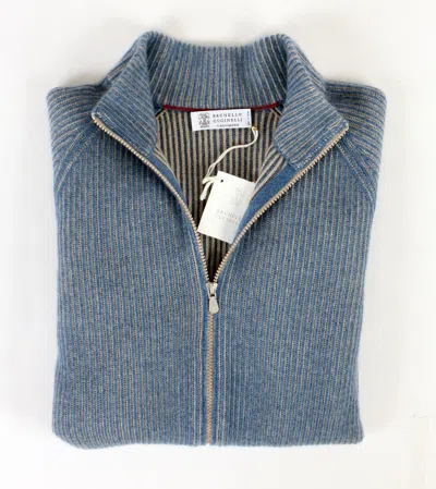 Pre-owned Brunello Cucinelli $4400  100% Cashmere Full Zip Sweater - Blue - 50 M