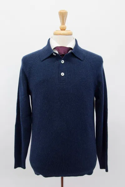 Pre-owned Brunello Cucinelli $4695  100% Cashmere Ribbed Polo Sweater Size 50/40us A242 In Blue