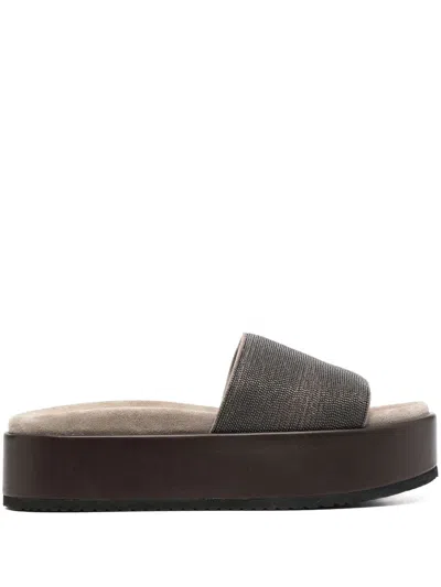 Brunello Cucinelli Monili Leather Platform Slide Sandals In Grey