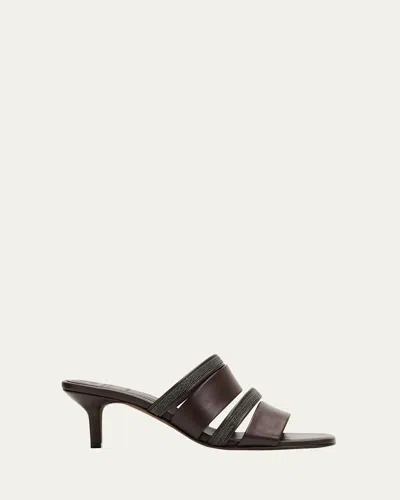Brunello Cucinelli 50mm Monili Strappy Leather Mule Sandals In Brown