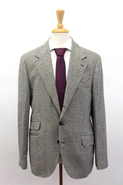 Pre-owned Brunello Cucinelli $5100  Men Cashmere-wool Houndstooth-plaid Sport Coat A248 In Black & White