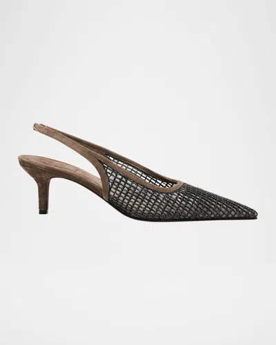 Brunello Cucinelli 55mm Monili Suede-trimmed Slingback Pumps In Black